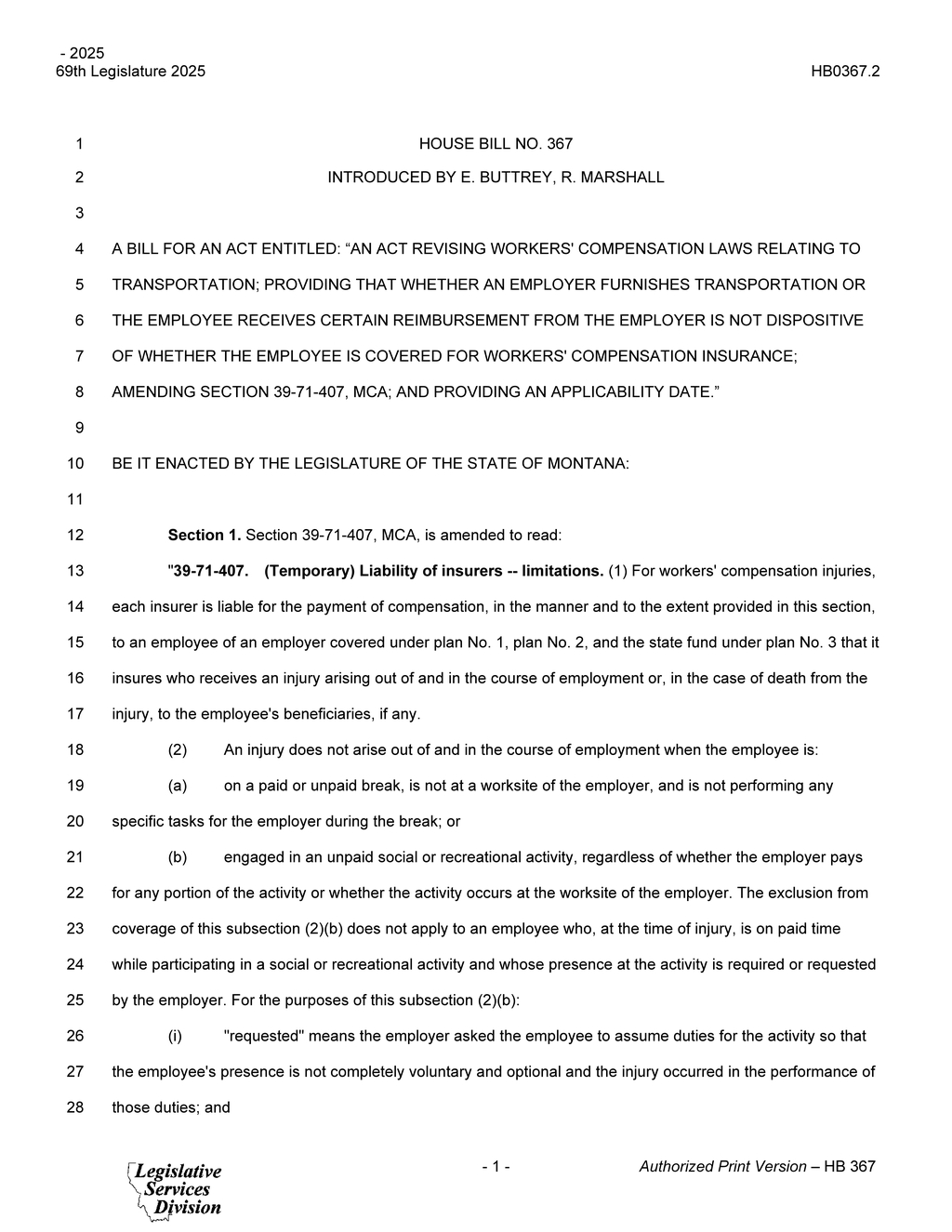 Montana Legislature sets standards for workplace injury claims and travel coverage