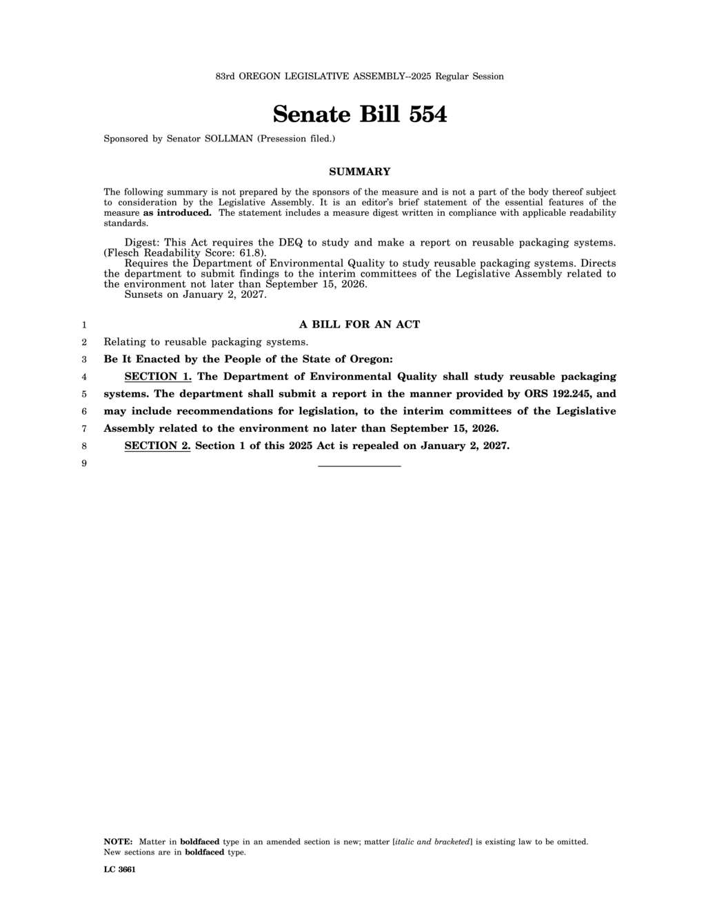 Oregon Senate Bill 554 mandates DEQ study on reusable packaging systems