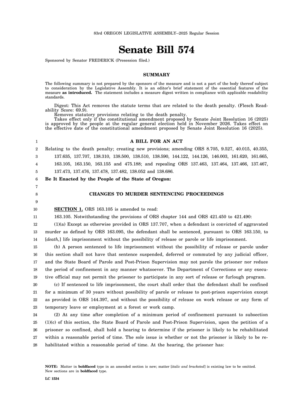 Senator Frederick proposes removal of Oregon's death penalty statutes