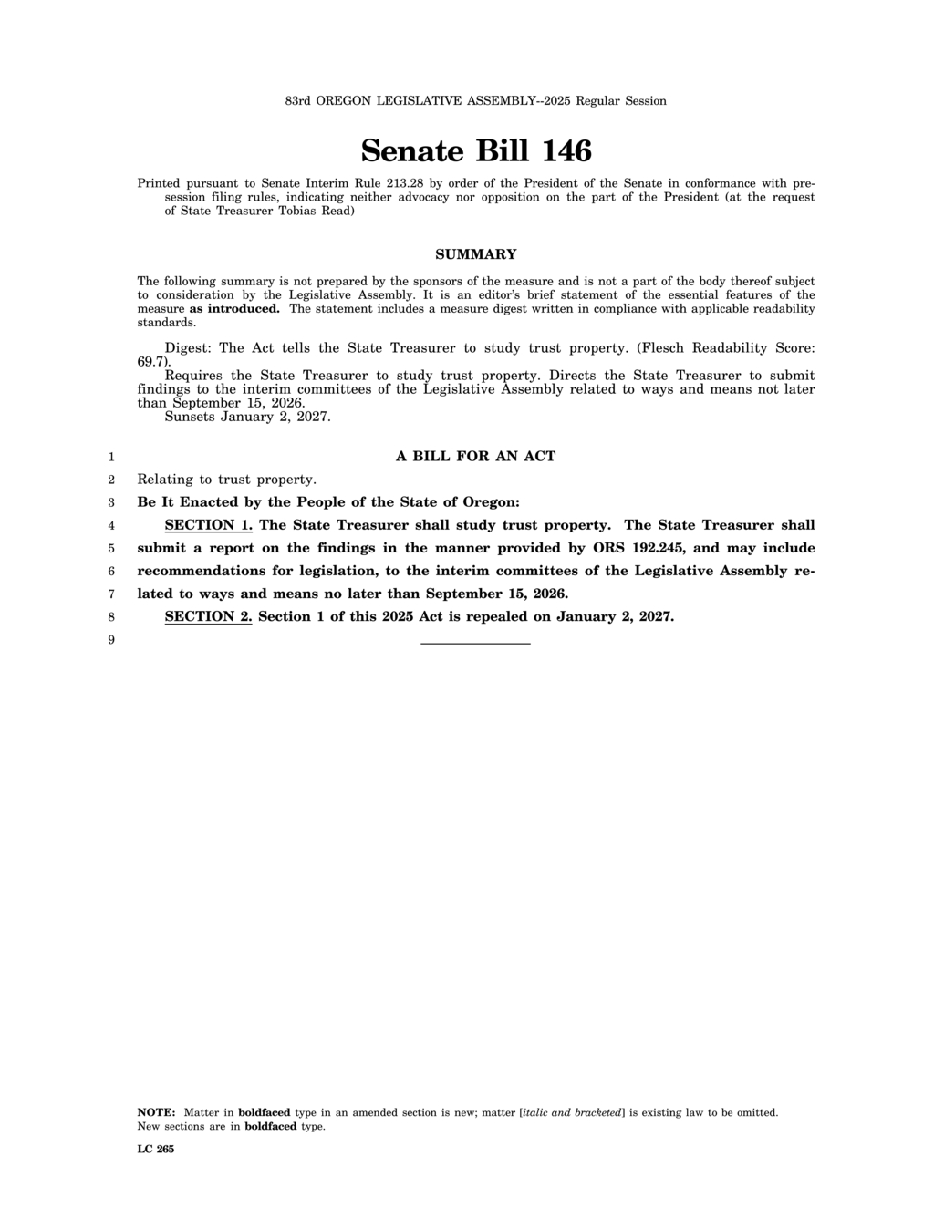 Oregon Treasurer tasked with studying trust property under Senate Bill 146