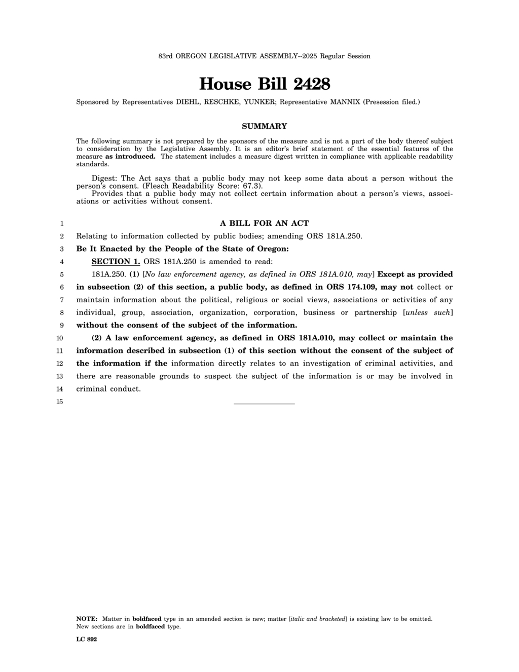 Oregon legislators introduce House Bill 2428 to protect personal data privacy