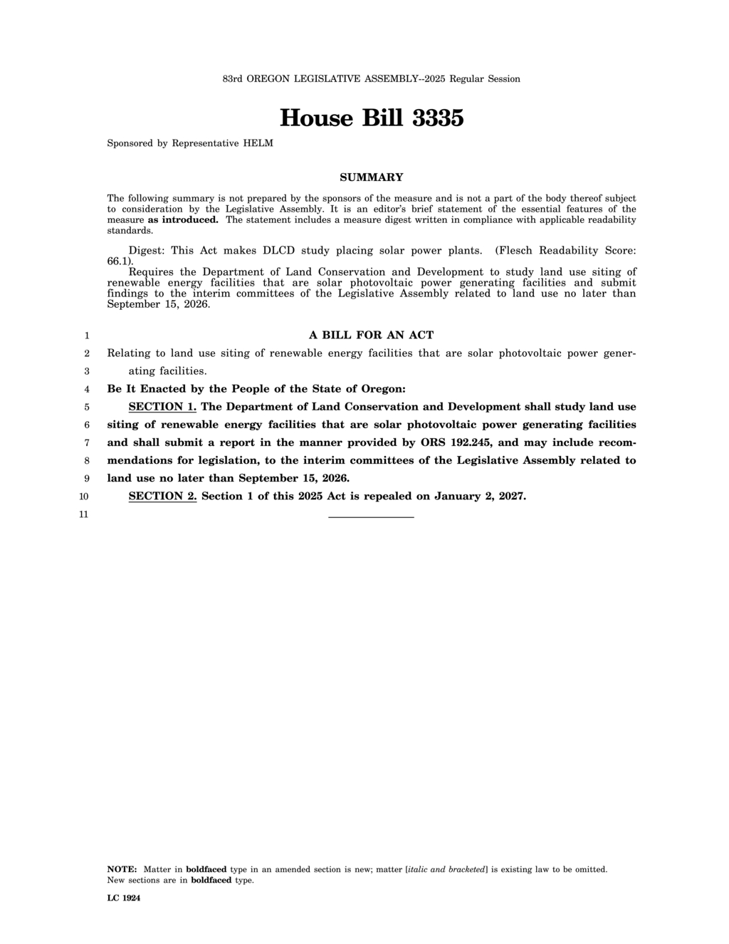 Oregon House Bill 3335 mandates solar energy facilities land use study by DLCD
