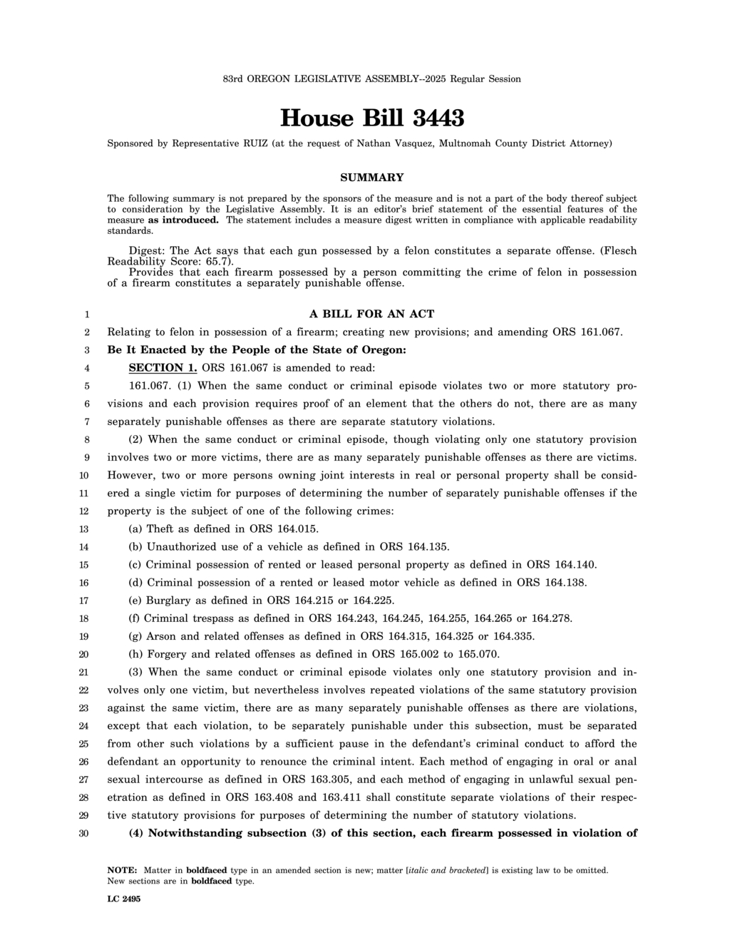 Oregon House Bill 3443 targets gun possession offenses for felons