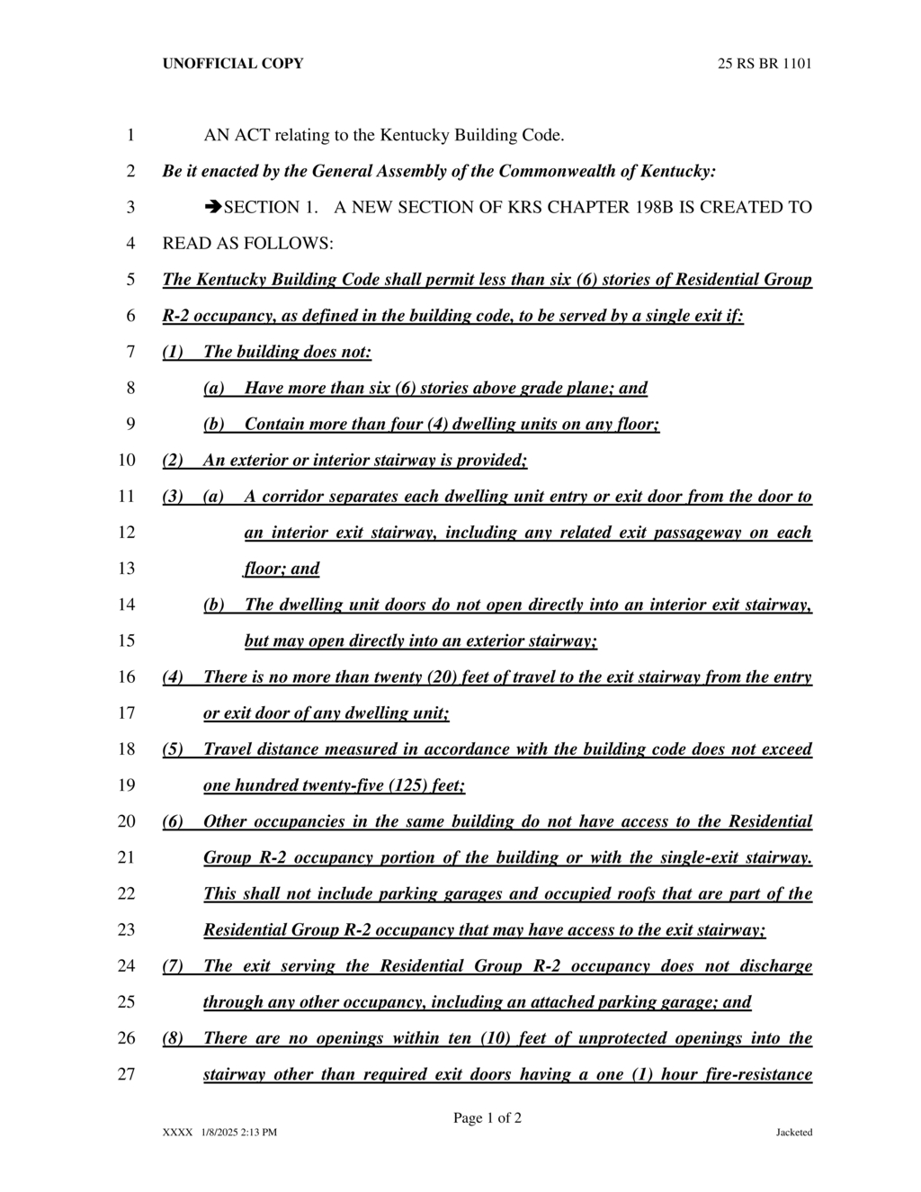 Kentucky General Assembly modifies building code for residential group R-2 structures