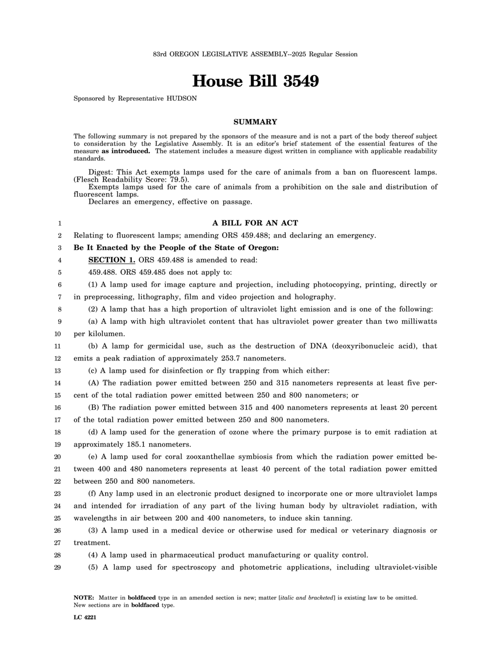 Oregon House Bill 3549 exempts animal care lamps from fluorescent lamp ban