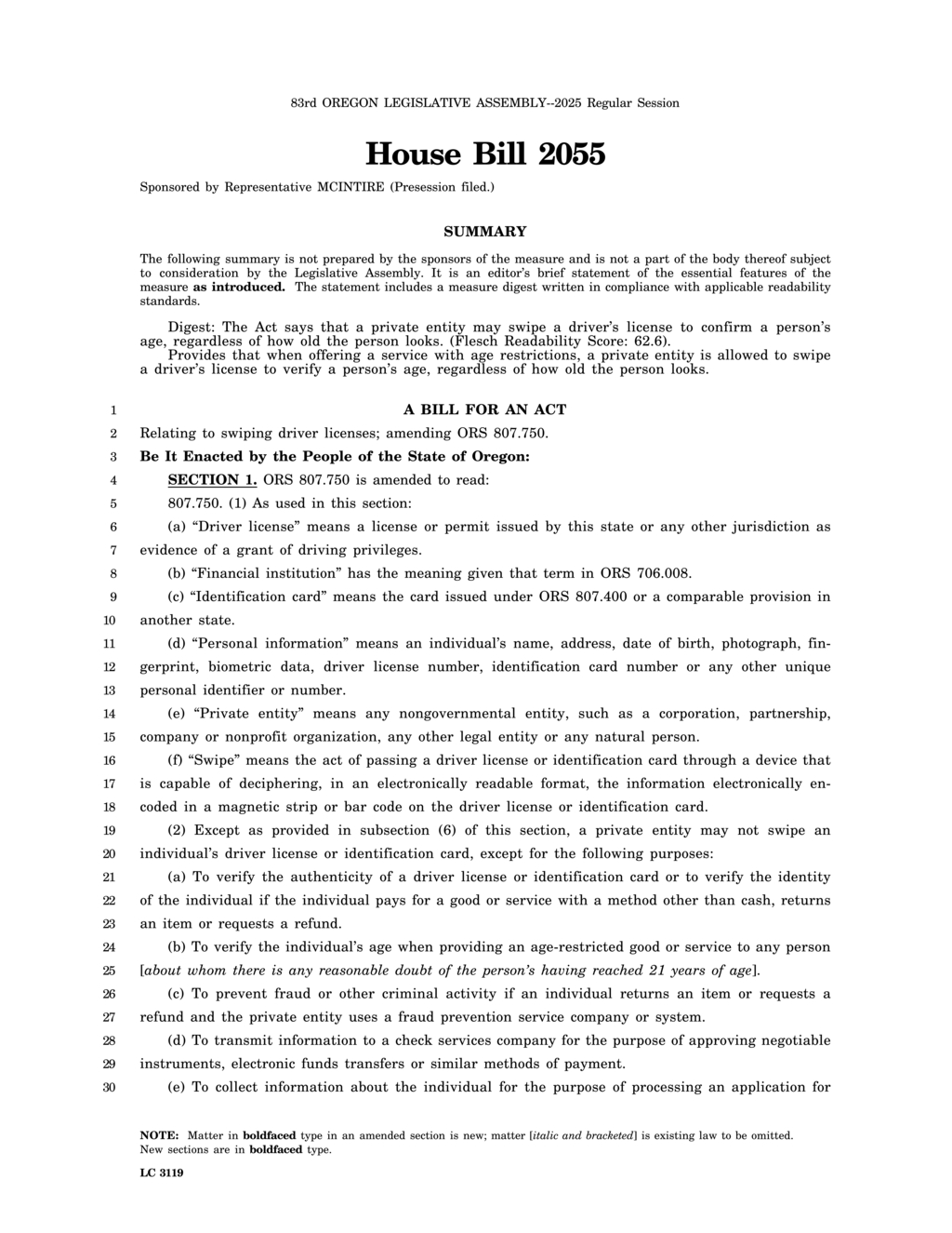 Oregon House Bill 2055 allows age verification through swiping driver licenses