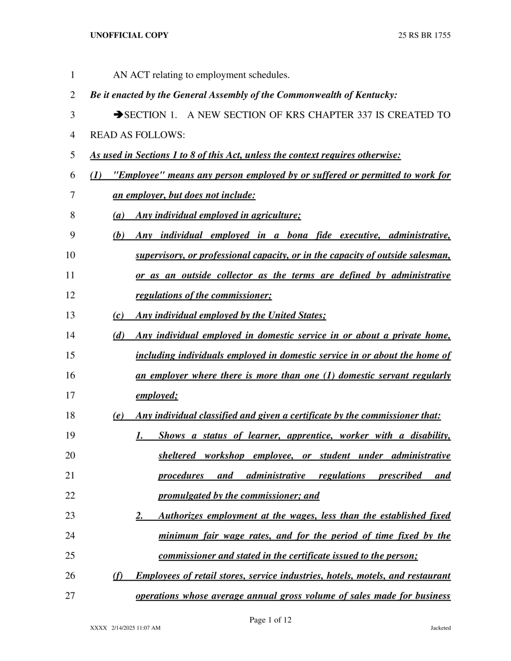 Kentucky mandates employer compensation for unscheduled work shift changes