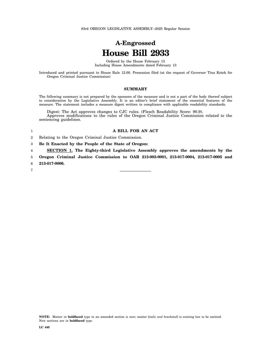Oregon Legislature approves amendments to Criminal Justice Commission sentencing guidelines