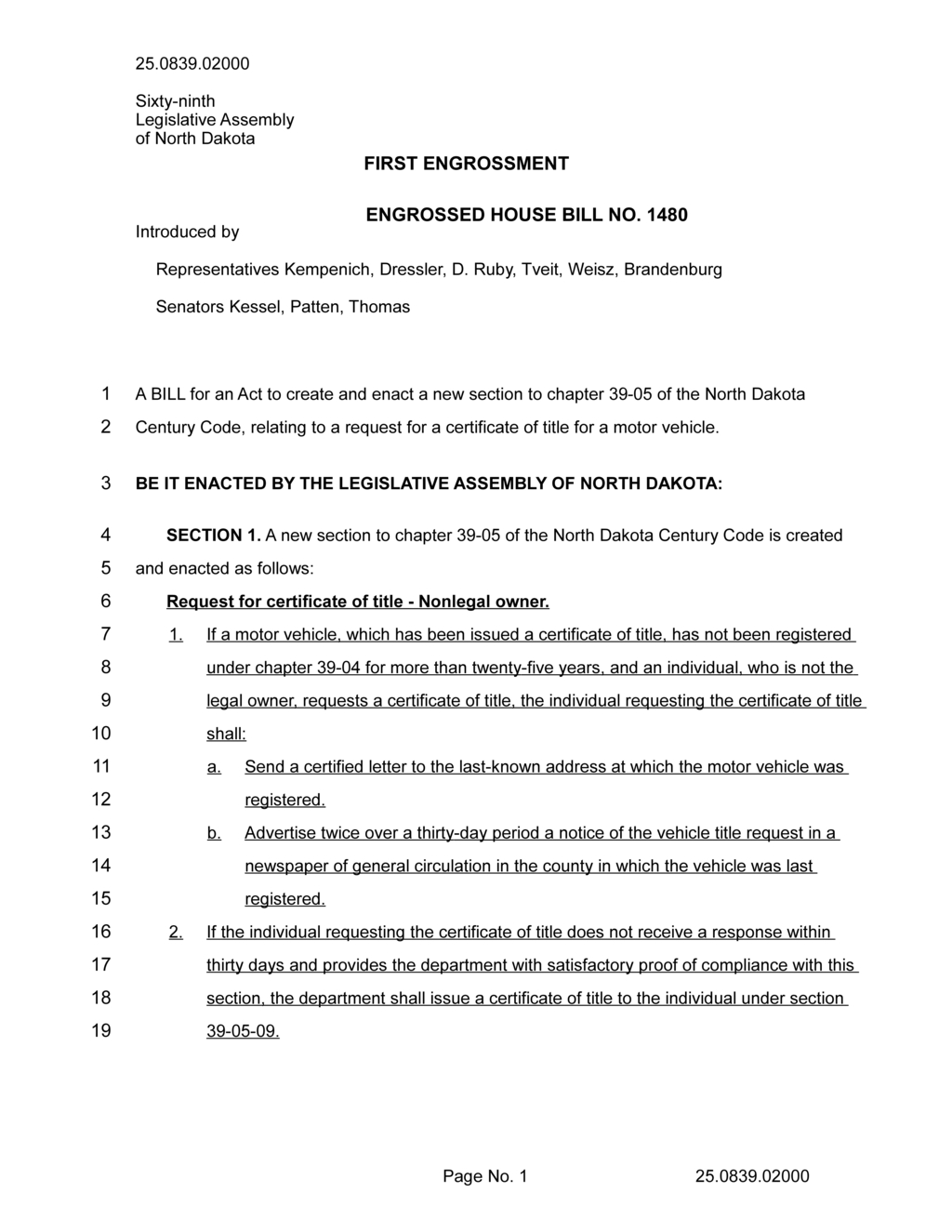 North Dakota legislators propose bill for nonlegal vehicle title requests