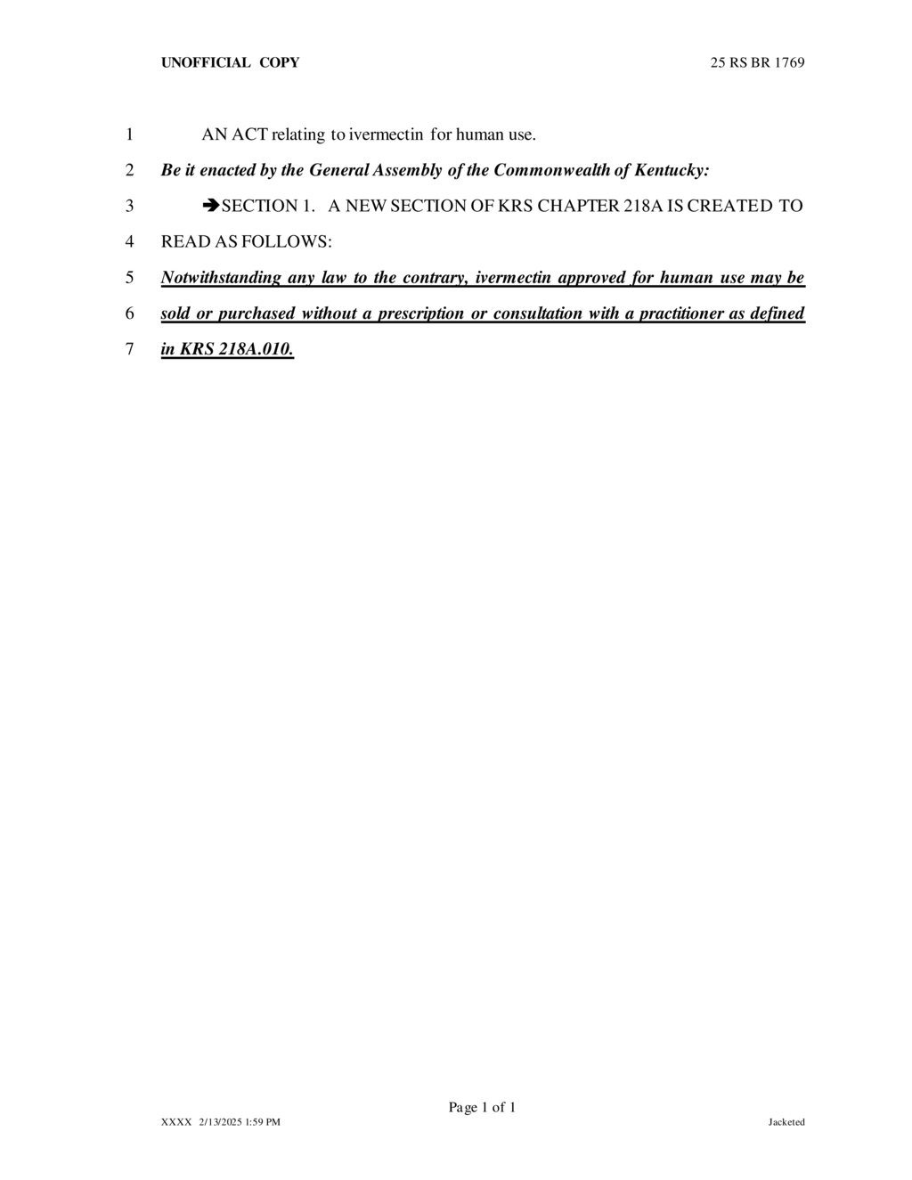 Kentucky General Assembly permits ivermectin sales without prescriptions