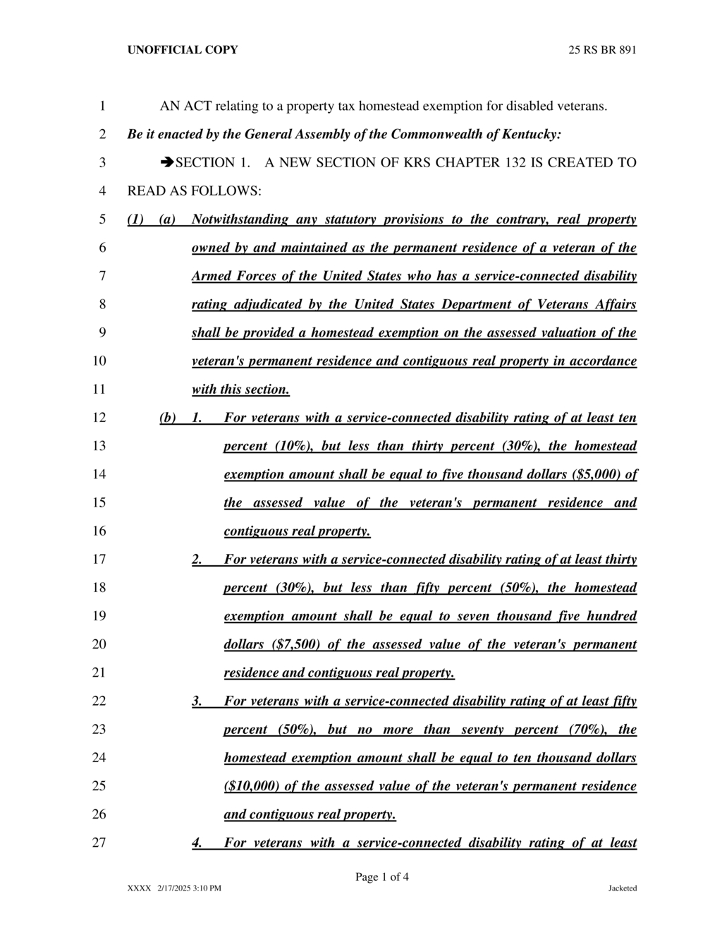 Kentucky General Assembly approves property tax exemption for disabled veterans