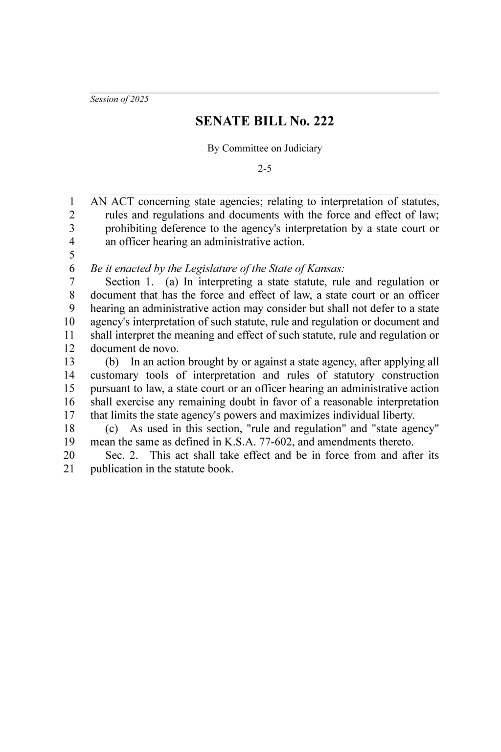 Kansas Senate passes Bill 222 limiting agency interpretation of statutes