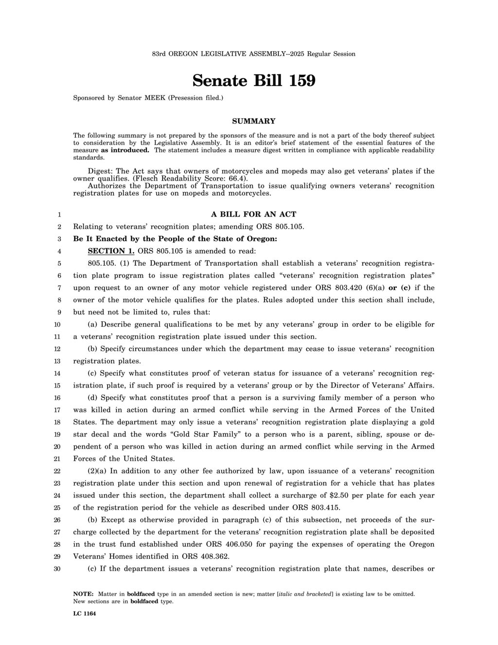 Oregon Senate Bill 159 expands veterans' license plates to motorcycles and mopeds