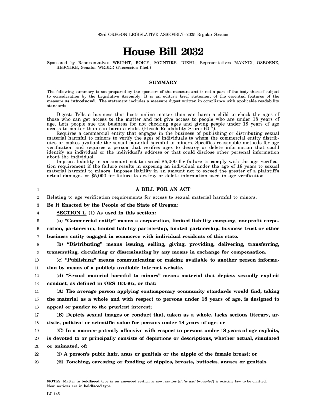 HB 2032 mandates age verification for sexual material online distribution