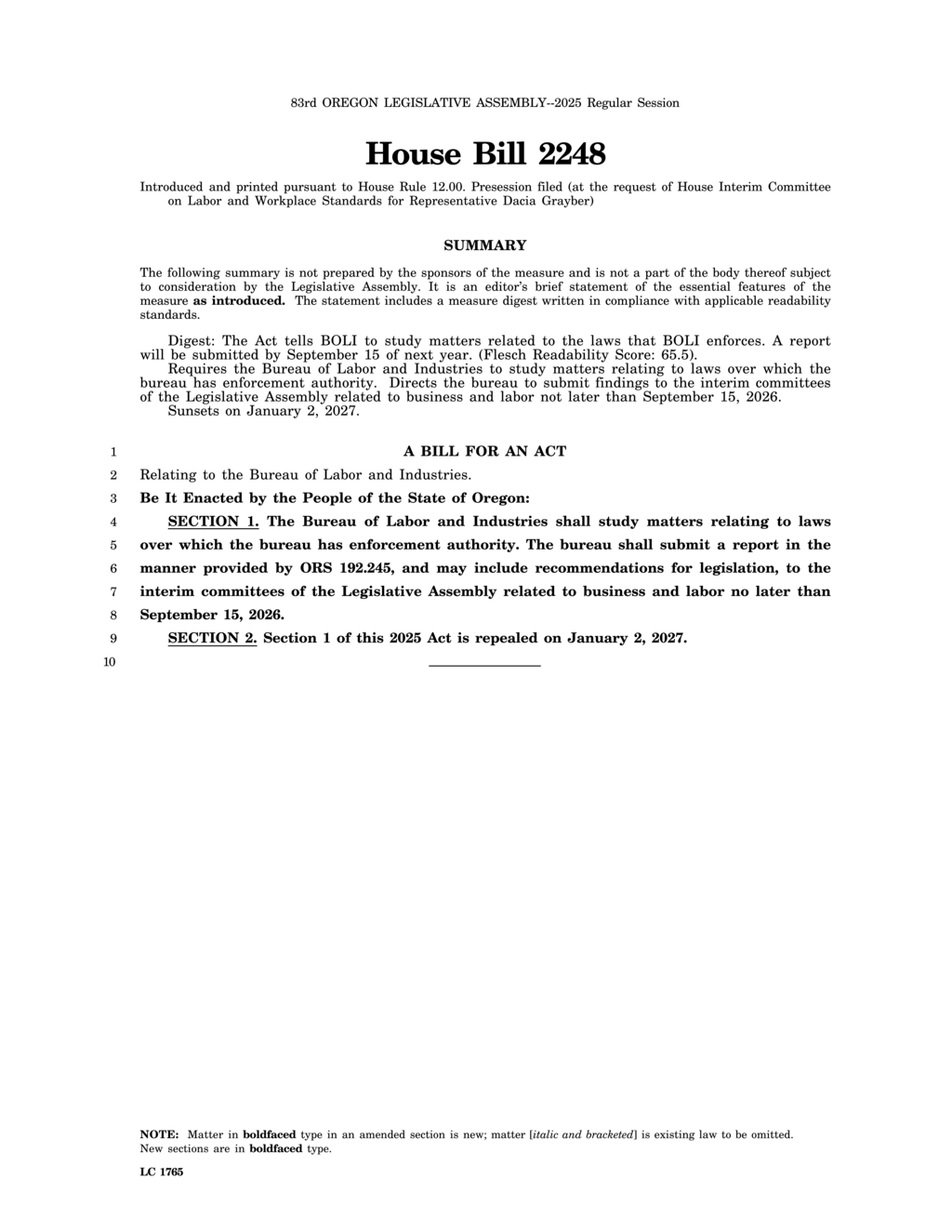 Oregon House Bill 2248 mandates BOLI study on labor laws by September 2026