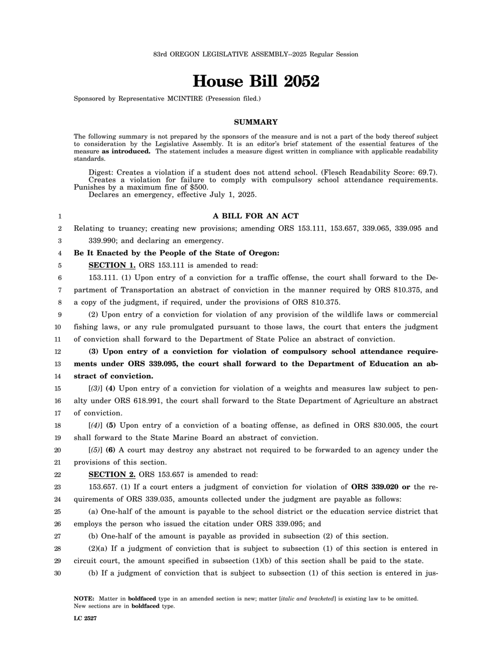 Oregon House Bill 2052 targets truancy with $500 fines for absences