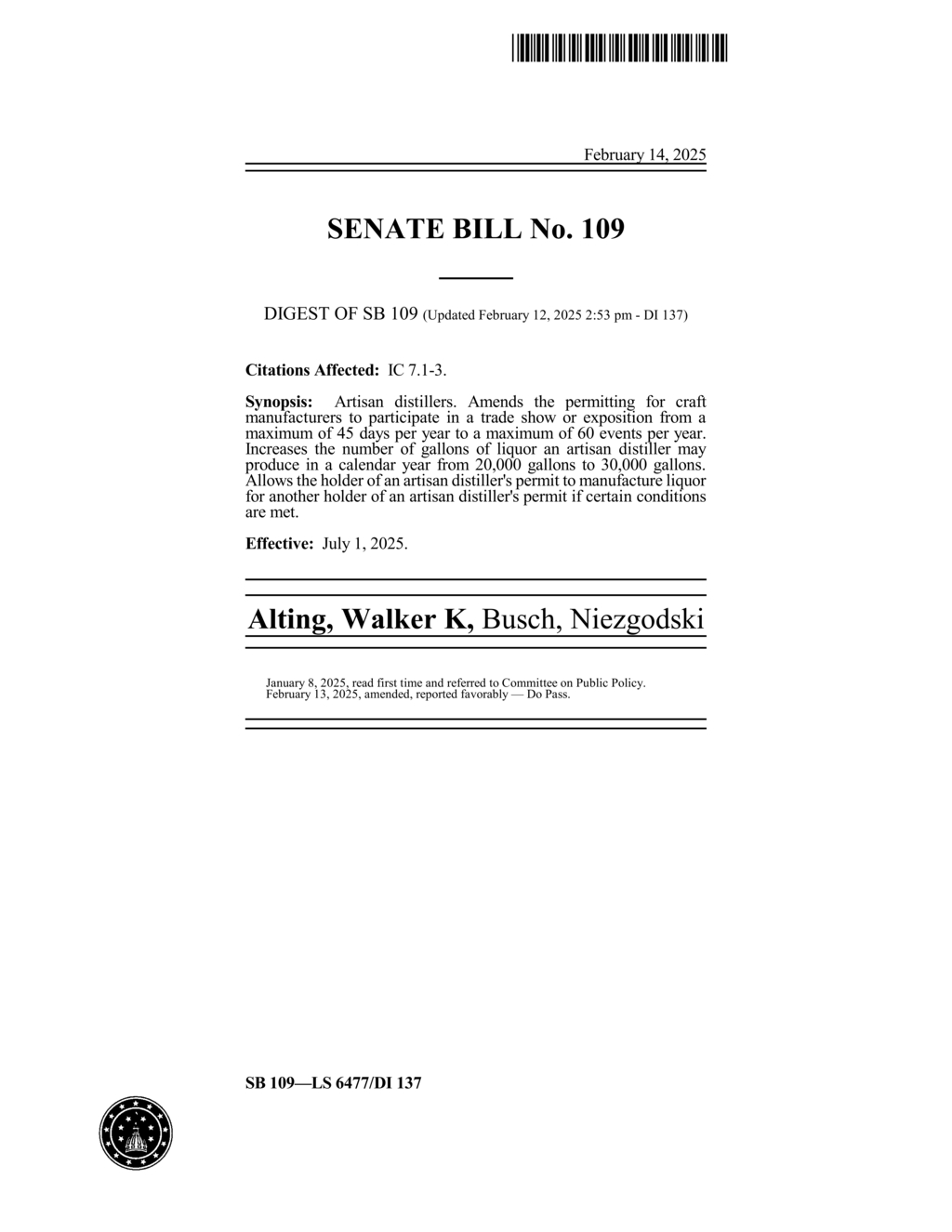 Indiana amends liquor laws for artisan distillers and craft manufacturers