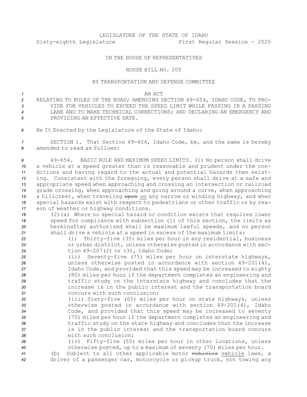 Idaho House passes bill allowing speed limit increases while passing vehicles