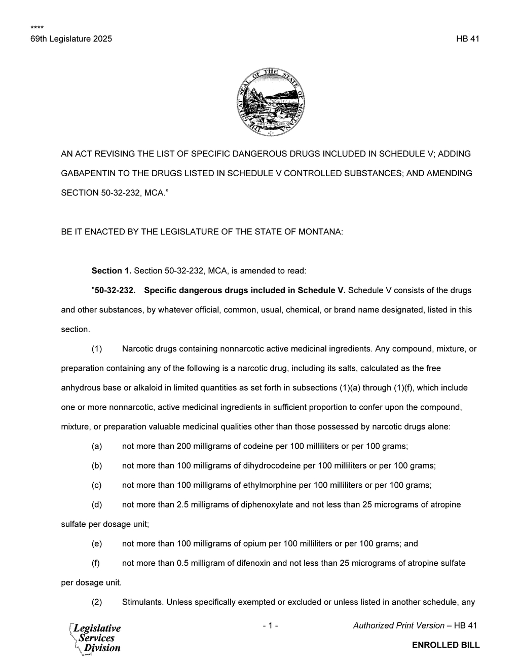 Montana House Bill 41 adds Gabapentin to Schedule V controlled substances list
