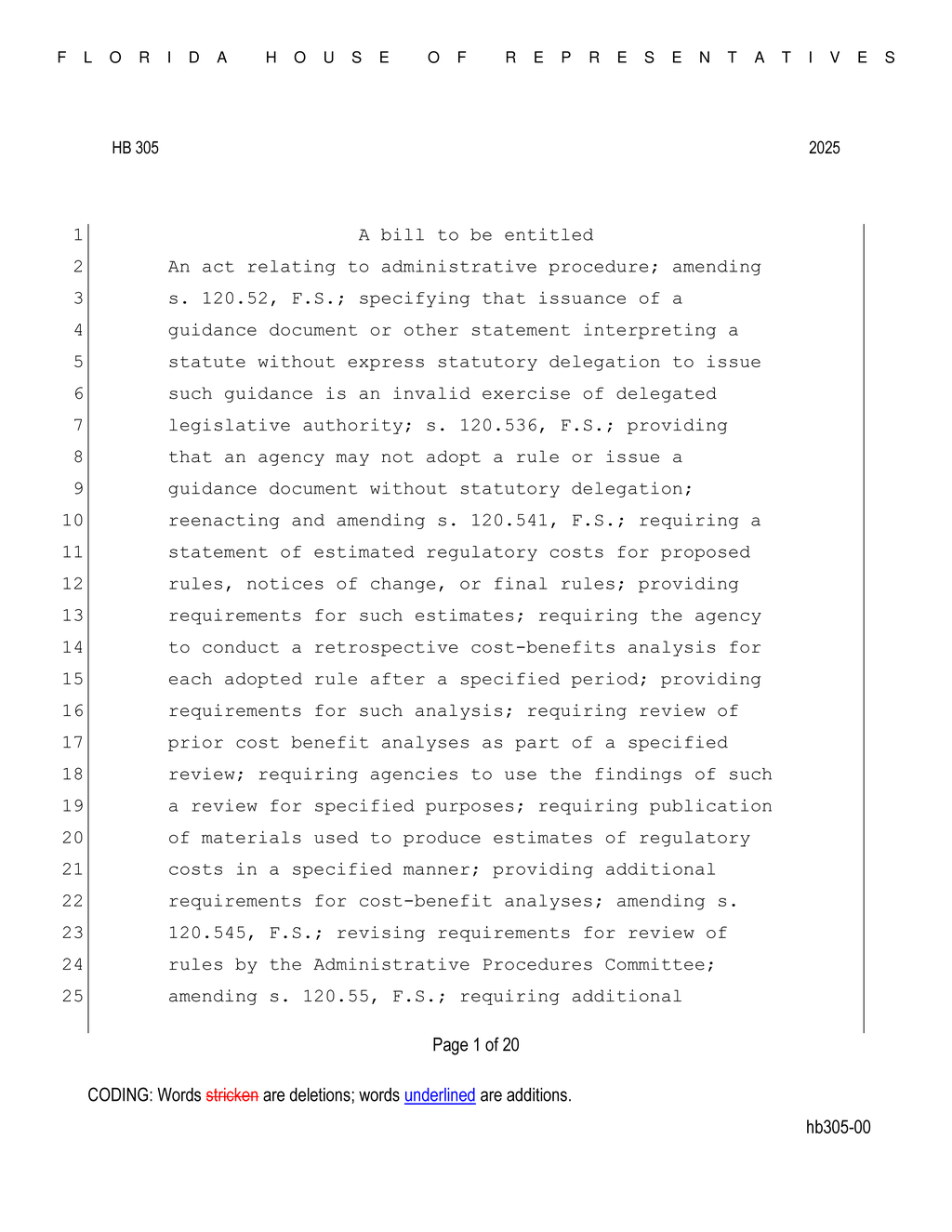 Florida House bill HB 305 mandates eight-year review for state regulations