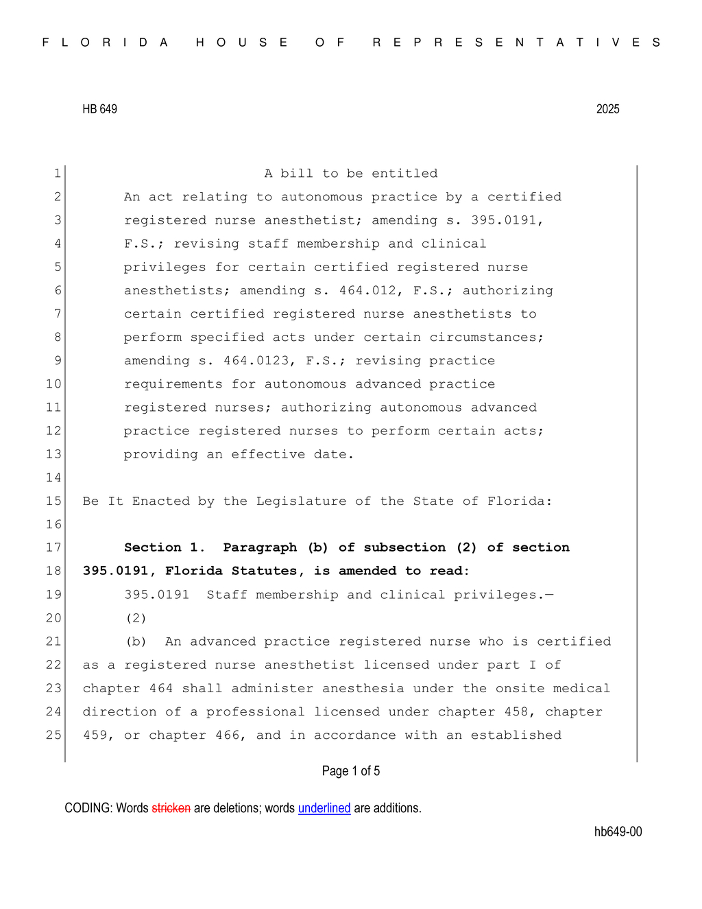 Florida House approves HB 649 to expand roles for nurse anesthetists