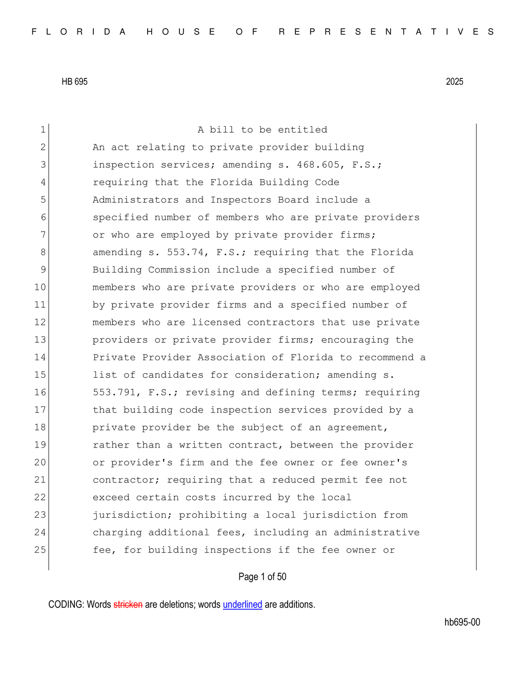 Florida House passes HB 695 allowing private providers for building inspections