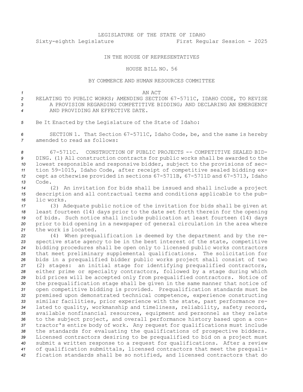 Idaho House passes bill to amend public works competitive bidding requirements