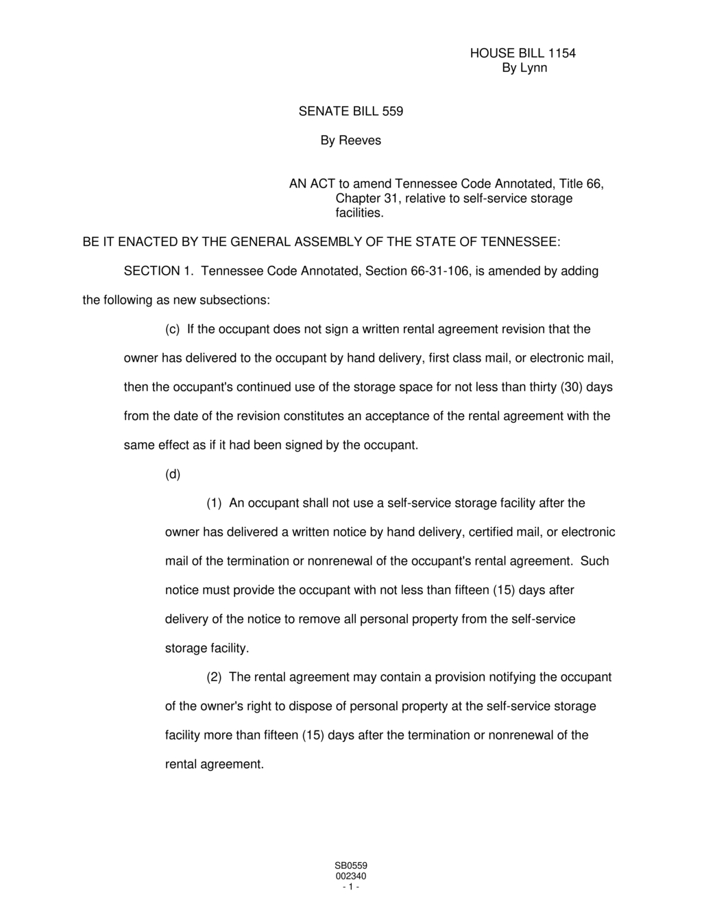 Tennessee enacts self-storage law revising rental agreement terms and notice requirements