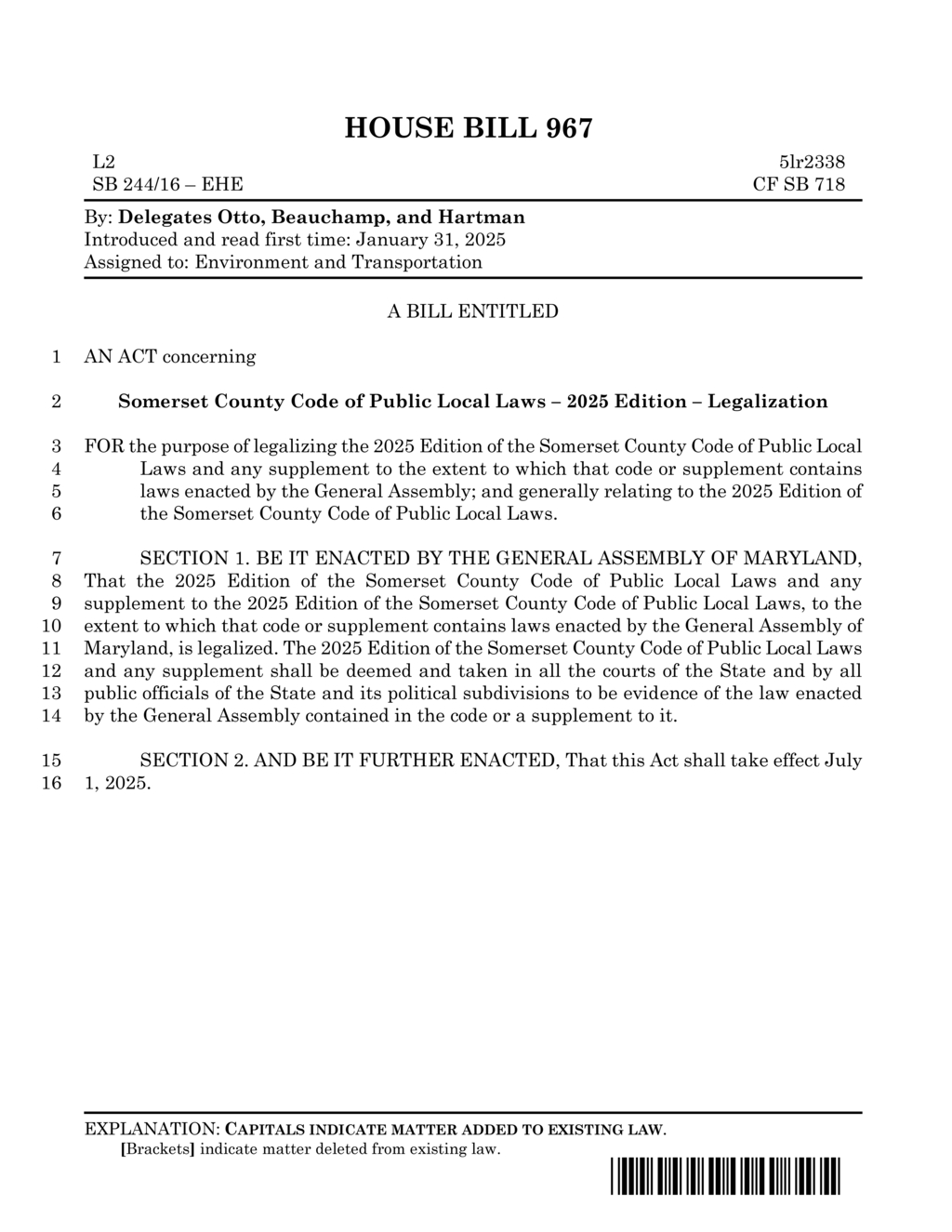 Maryland General Assembly legalizes 2025 Edition of Somerset County Code of Public Local Laws
