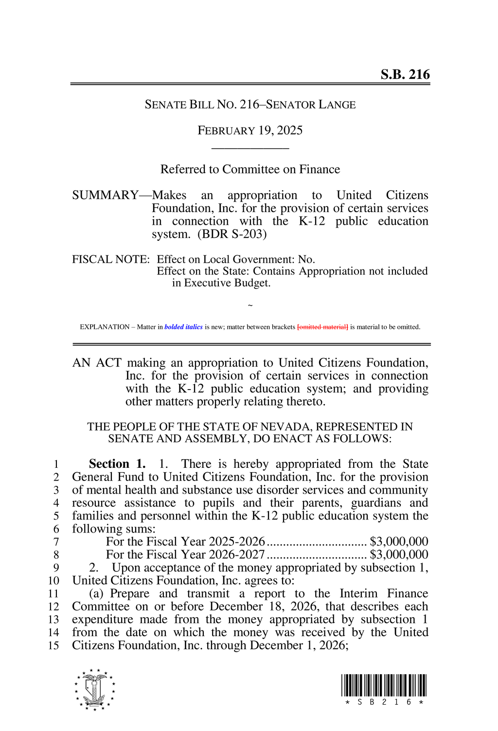 Nevada Senate approves $6M for United Citizens Foundation K-12 mental health services
