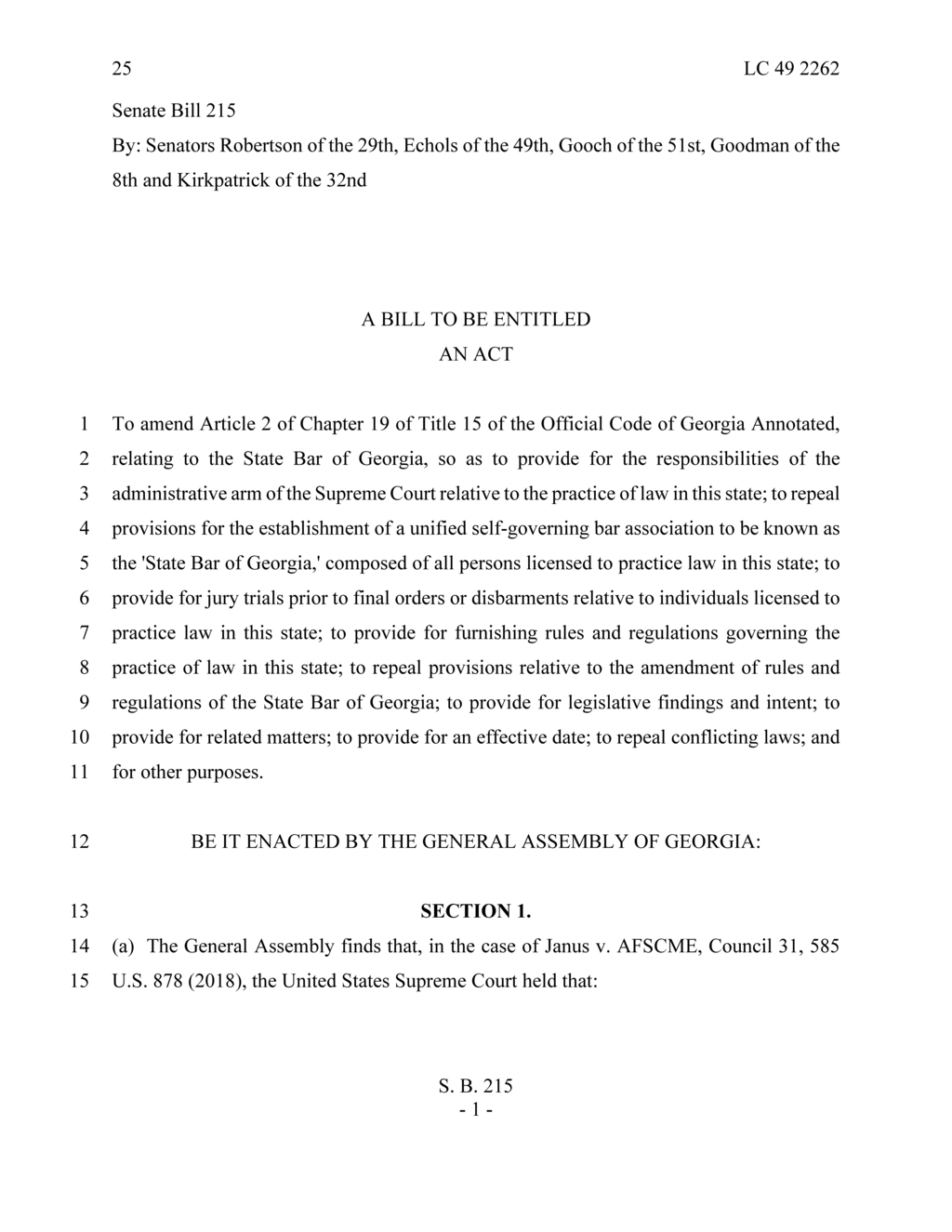Georgia Senate introduces Bill 215 to restructure State Bar authority and disbarment rules