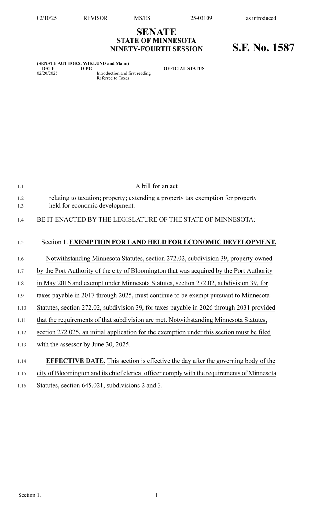 Minnesota Senate proposes property tax exemption extension for Bloomington Port Authority