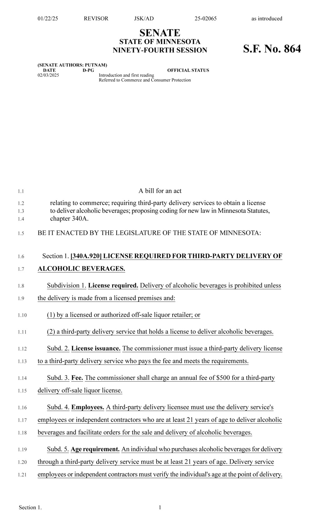 Minnesota Legislature mandates licensing for third-party alcohol delivery services
