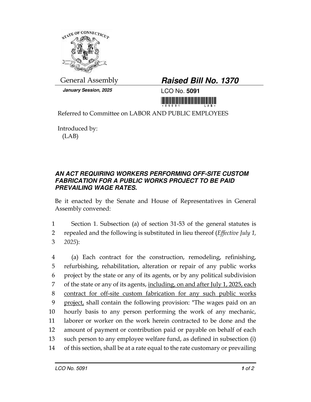 Connecticut bill mandates prevailing wages for off-site public works fabrication workers