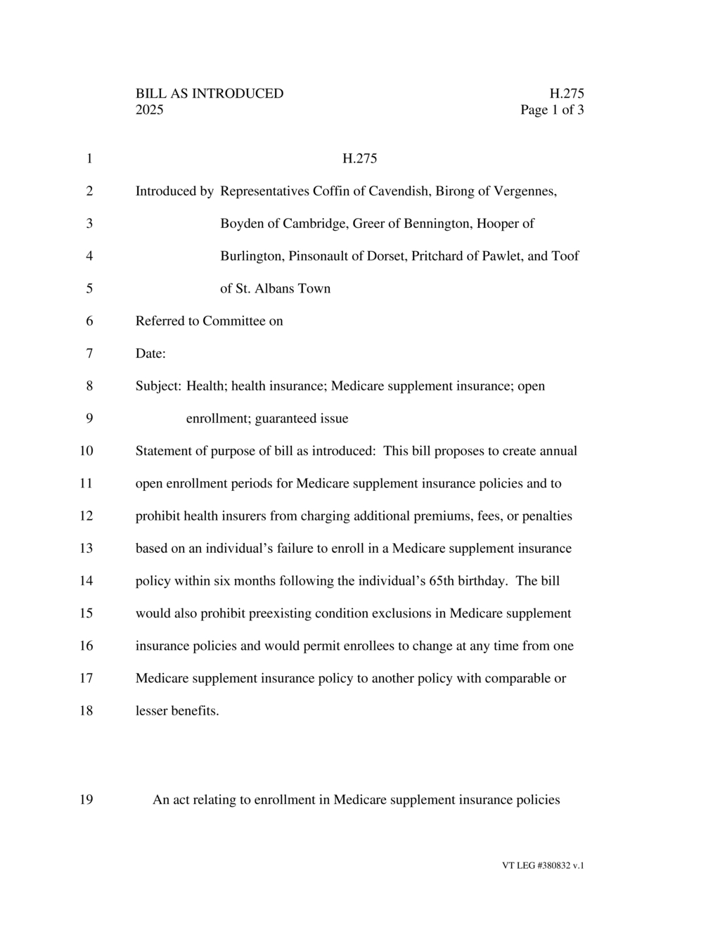 Vermont General Assembly enacts guaranteed Medicare supplement coverage for seniors