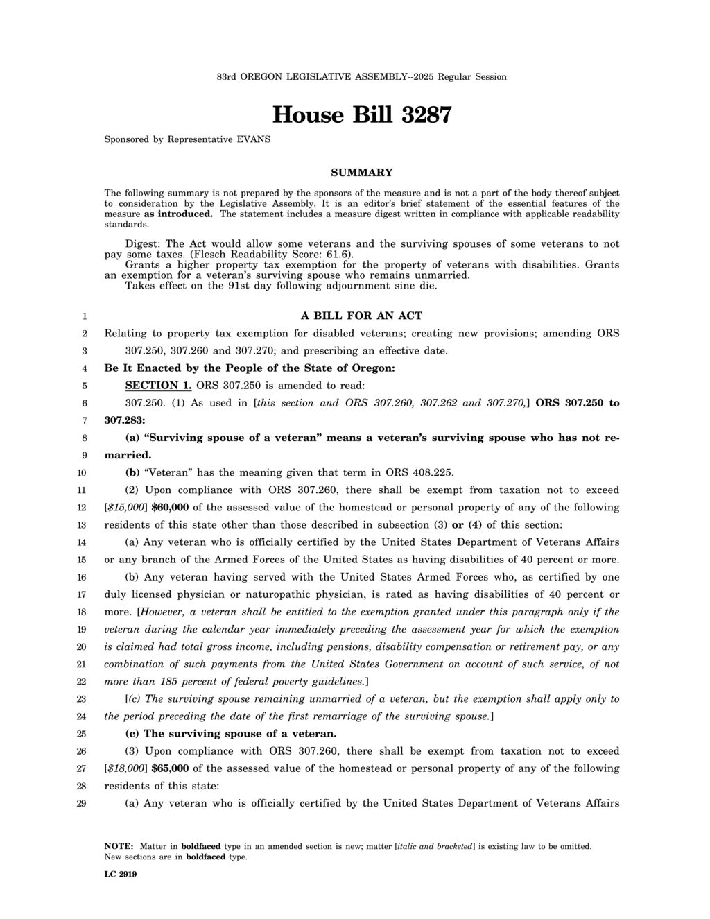 Oregon House Bill 3287 adjusts property tax exemptions for disabled veterans and spouses