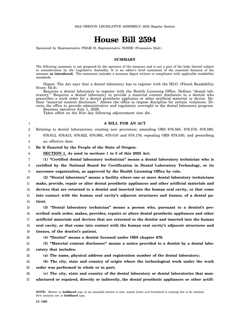 Oregon House Bill 2594 mandates dental laboratories to register and disclose material content