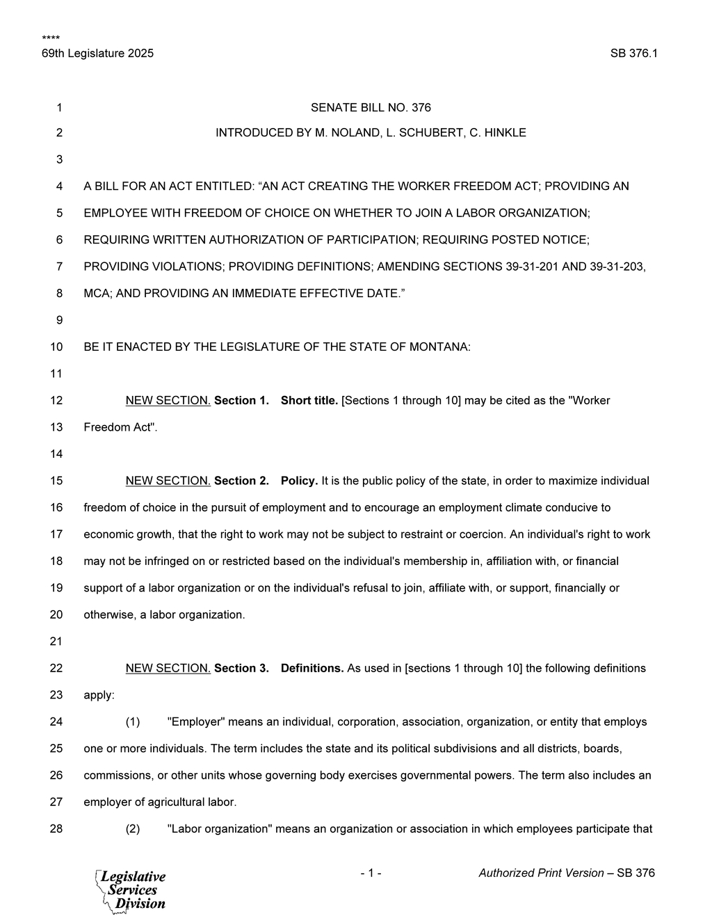 Montana Legislature introduces SB 376 ensuring worker rights against mandatory union membership