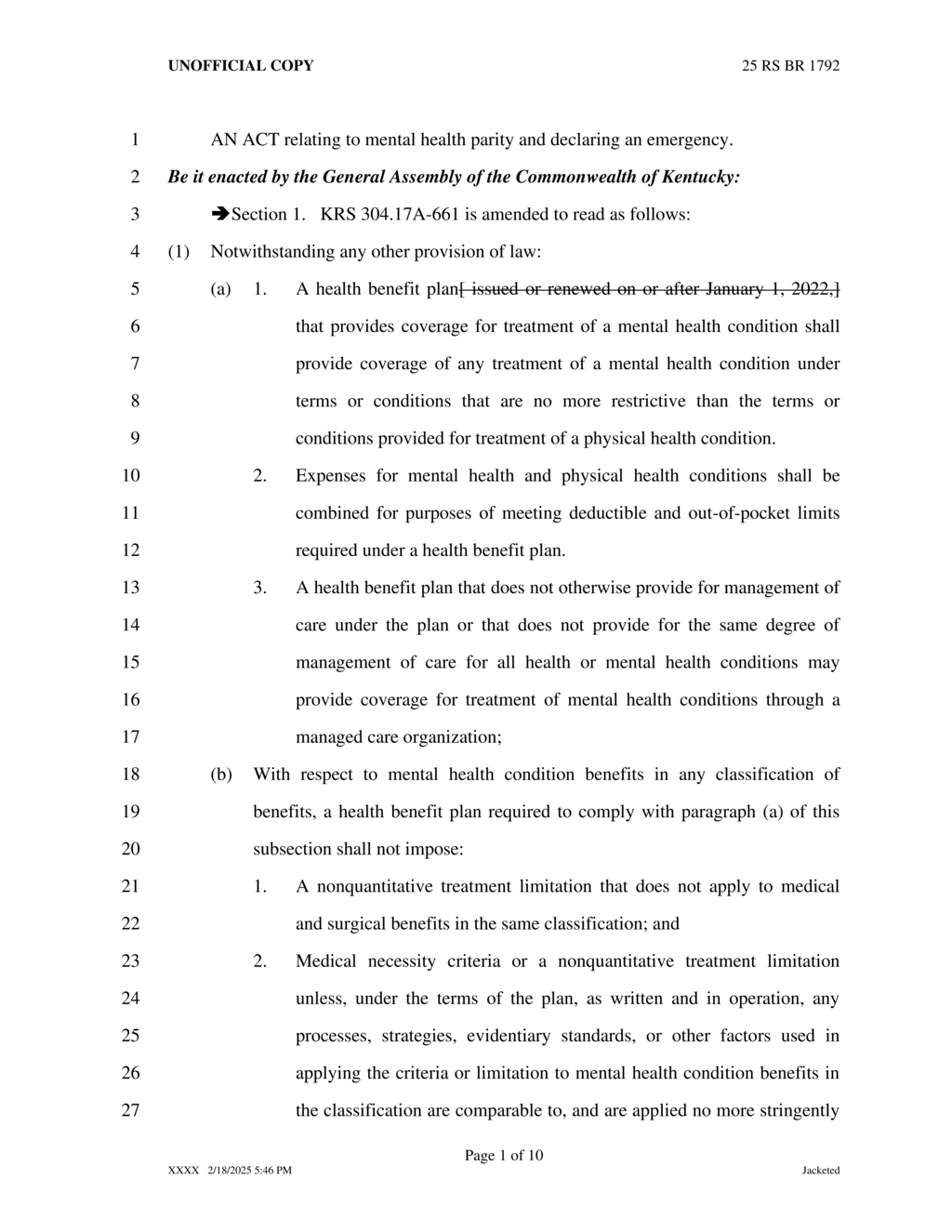 Kentucky General Assembly enacts mental health parity law with emergency declaration