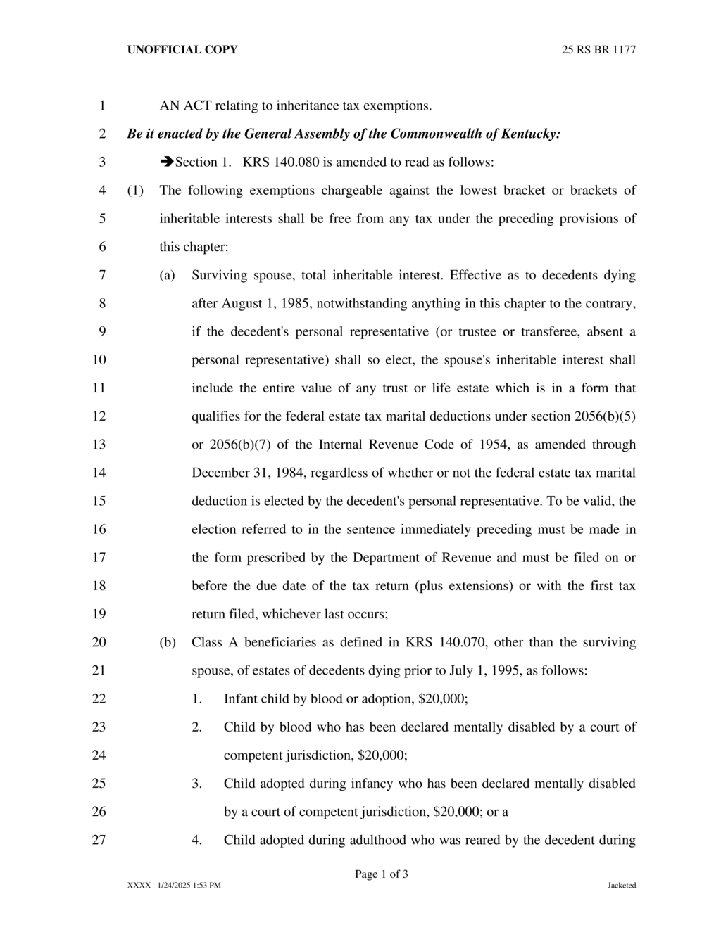 Kentucky General Assembly amends inheritance tax exemptions for surviving spouses