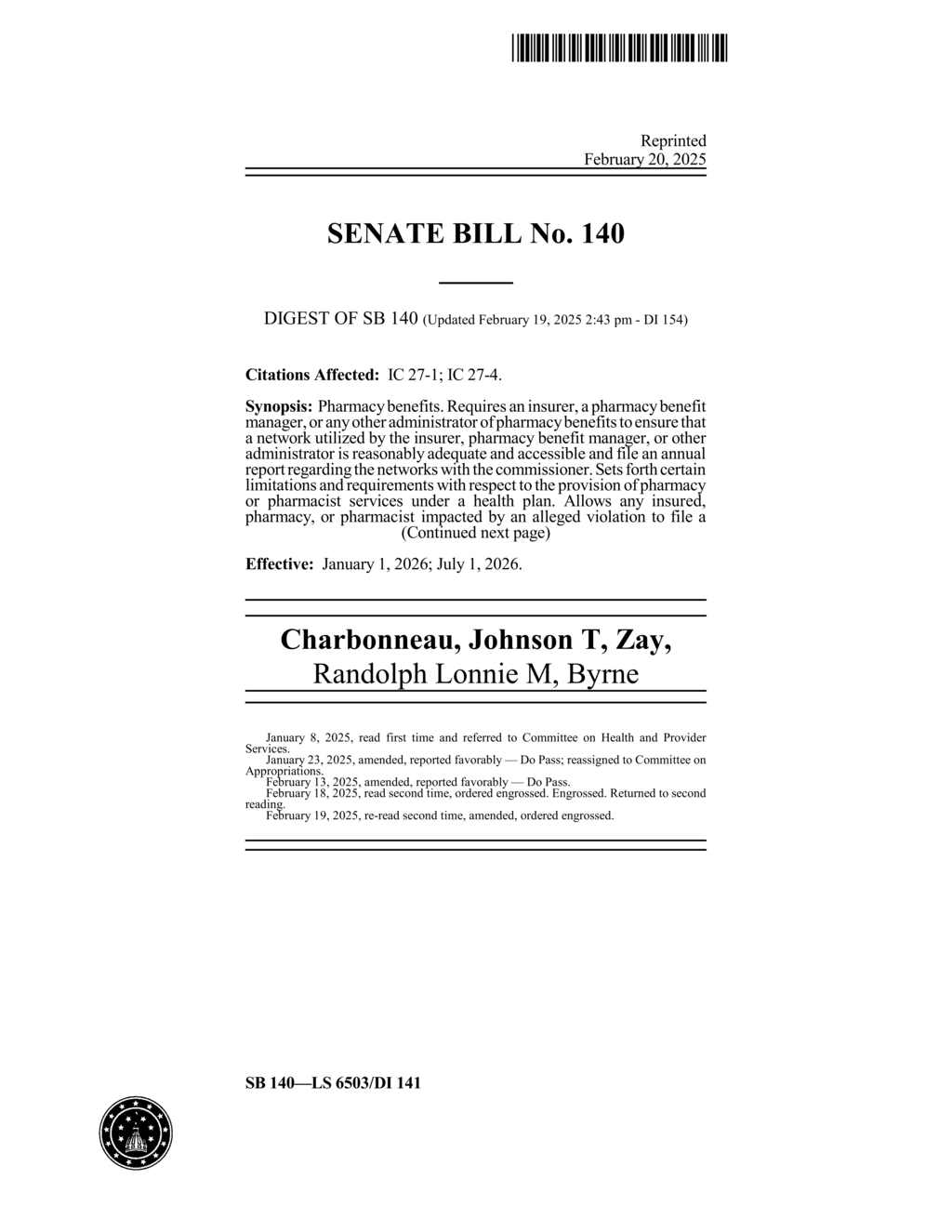 Indiana Senate passes SB 140 protecting pharmacies from unfair insurance practices