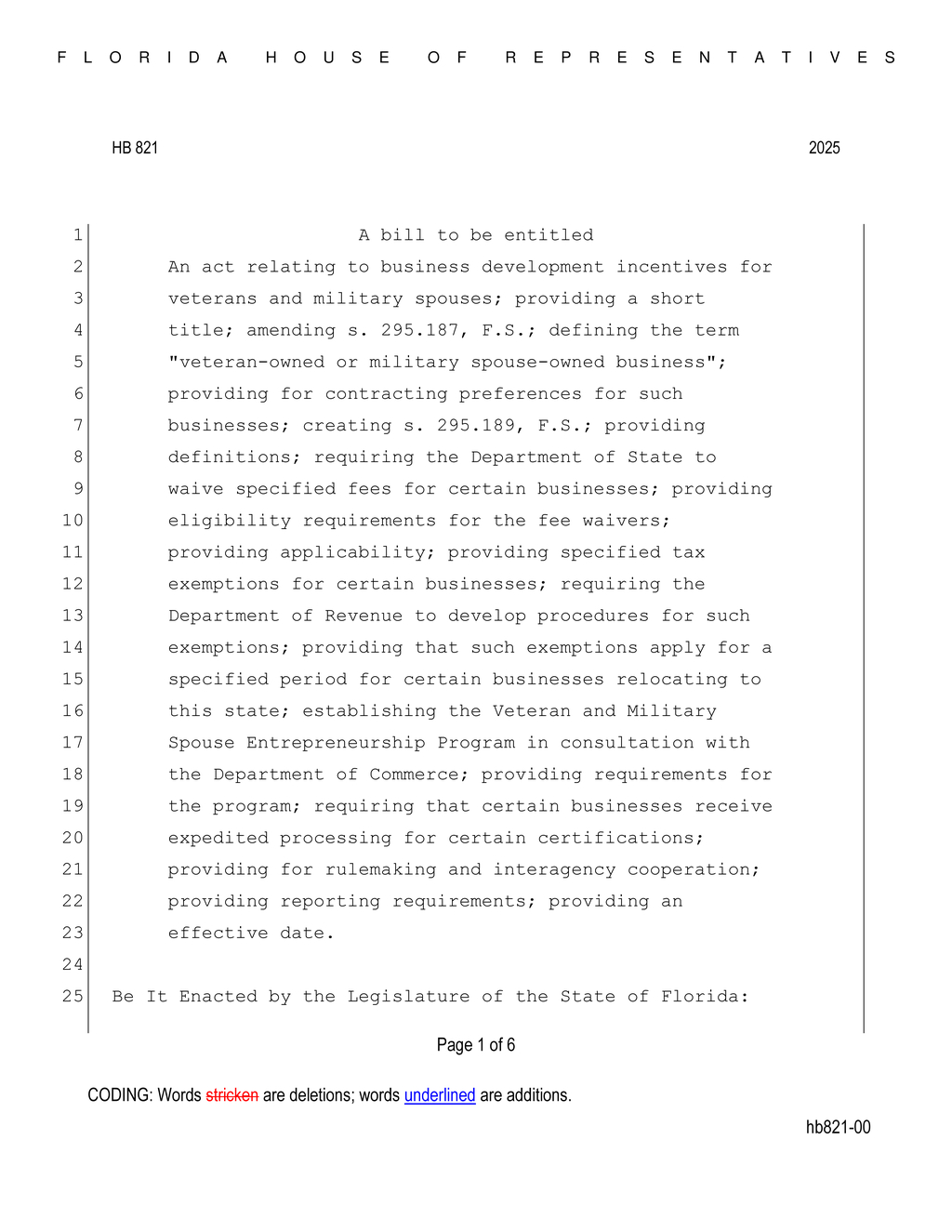 Florida House passes HB 821 for veteran business incentives and fee waivers