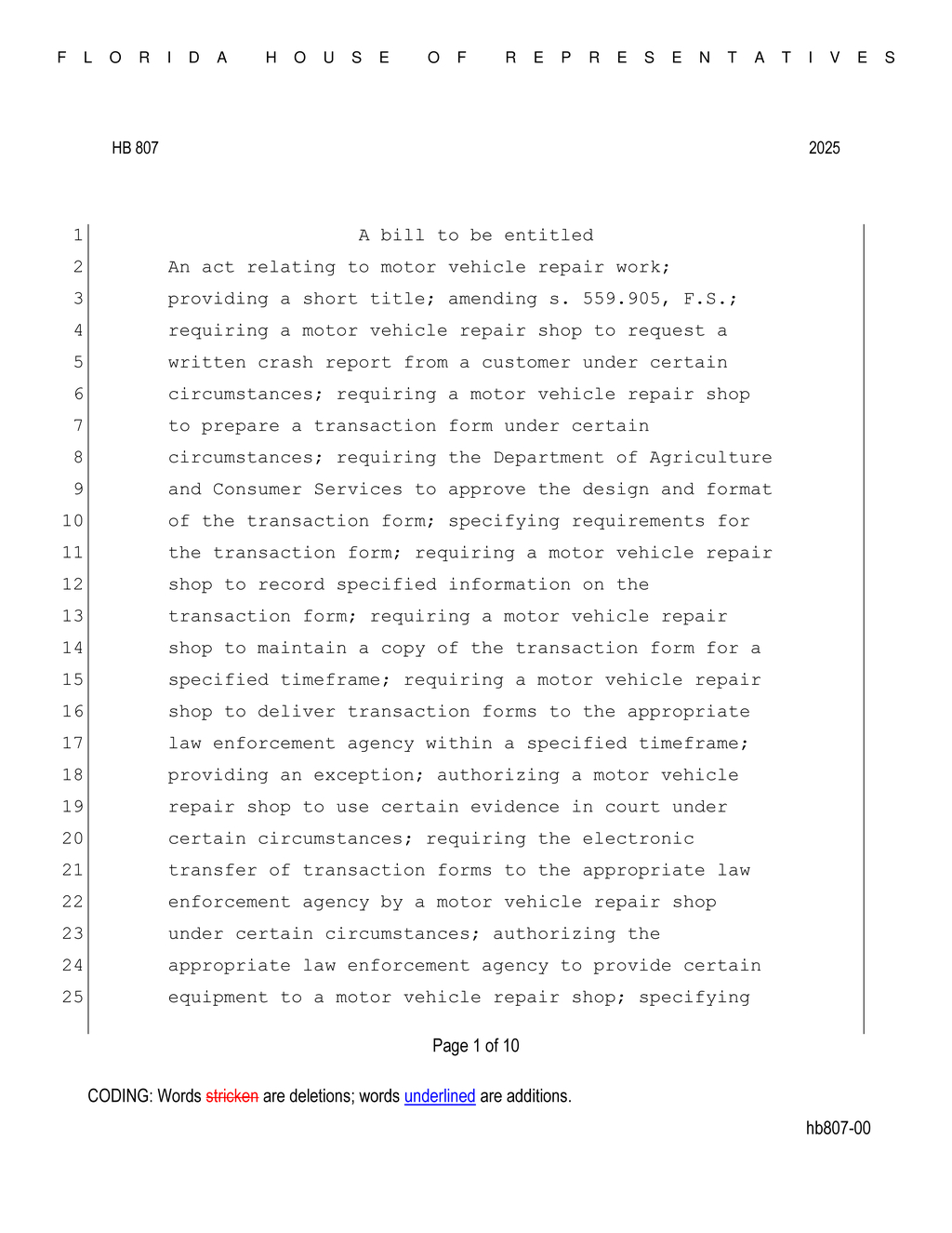 Florida Legislature passes Lilly Glaubach Act for motor vehicle repair regulations