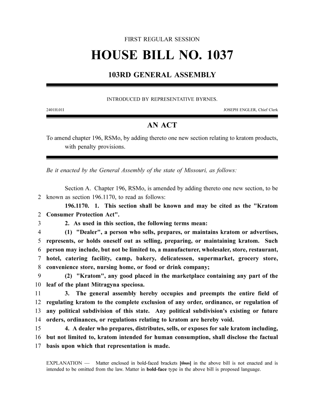 Missouri General Assembly introduces Kratom Consumer Protection Act