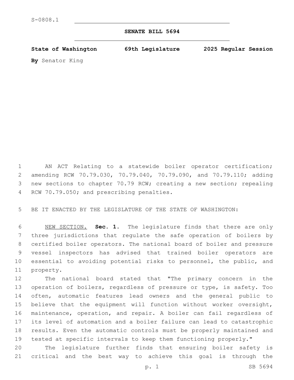 Washington State Legislature enacts statewide boiler operator certification requirements