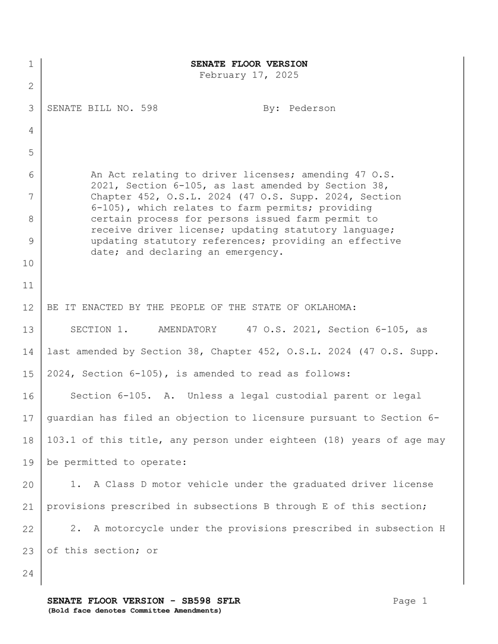 Oklahoma Senate approves farm permit for young drivers aged 14 to 16