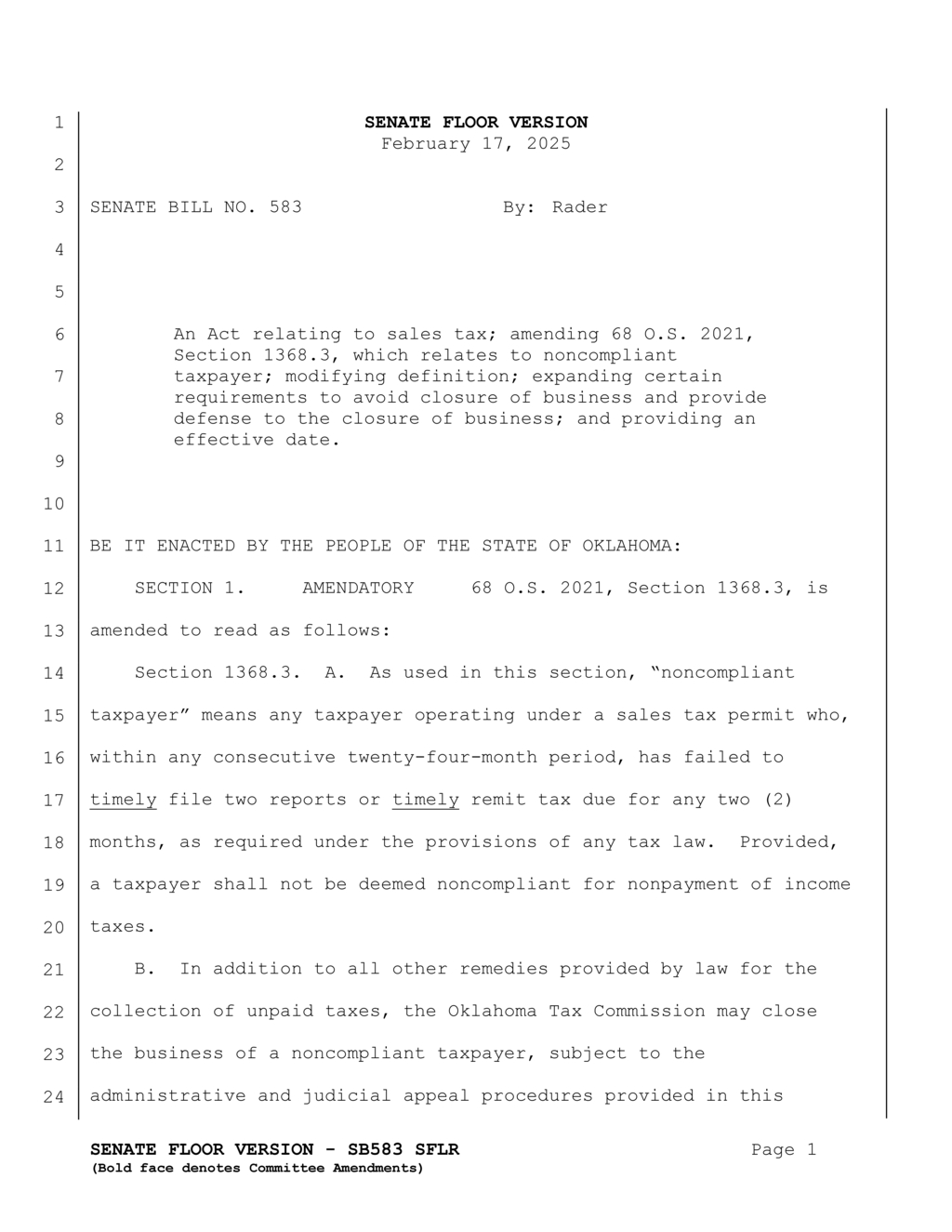 Oklahoma Tax Commission to enforce business closure orders under SB583