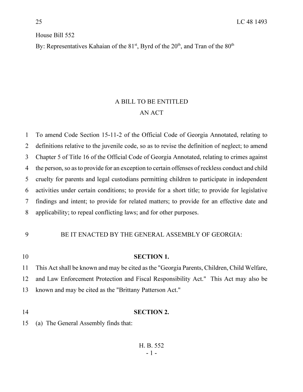 Georgia lawmakers introduce Brittany Patterson Act to amend child welfare definitions