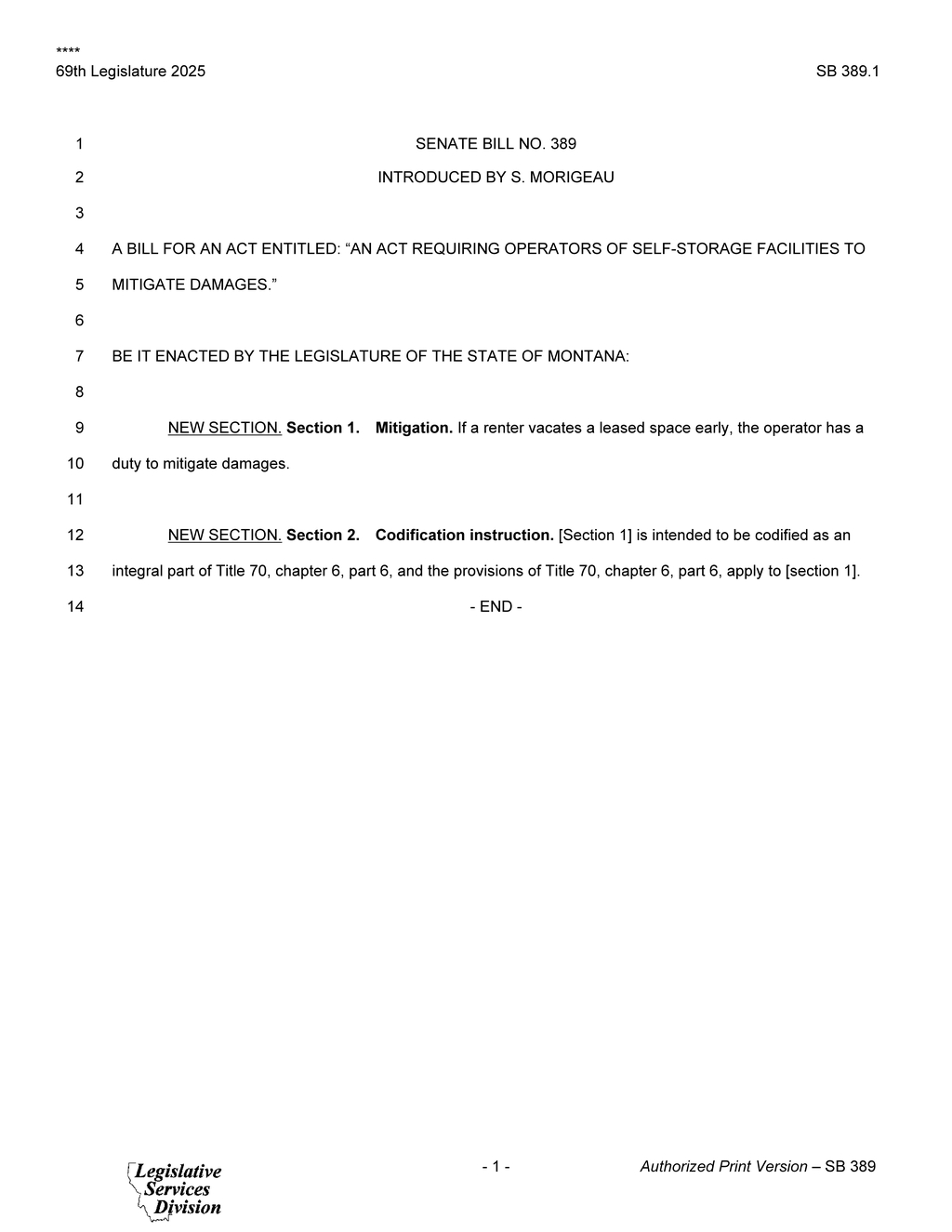 Montana Senate Bill 389 mandates self-storage operators to mitigate damages