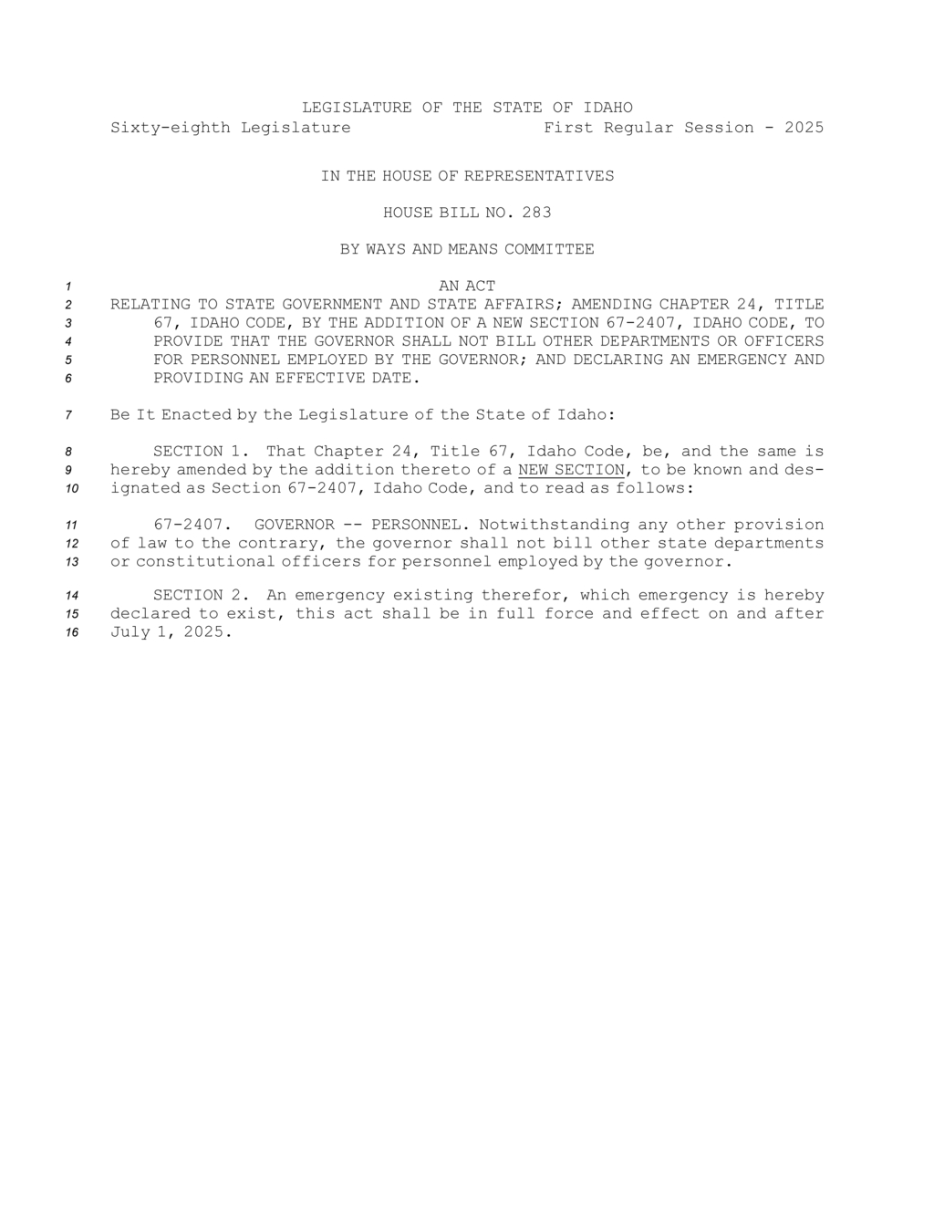 Idaho House passes bill to prevent governor from charging departments for personnel